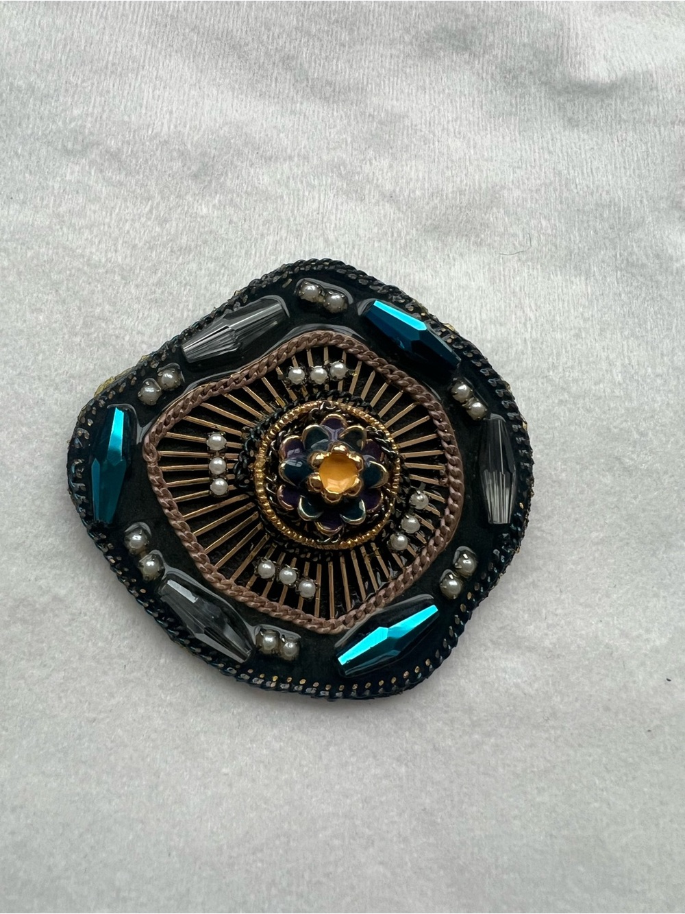 Embellished Floral Beaded Brooch - Black with Teal Accents